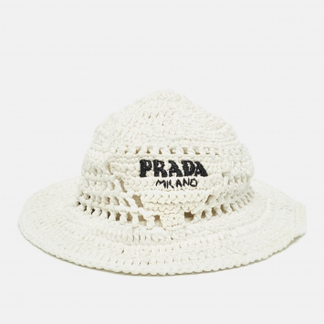 Pre Owned Prada White Raffia Crochet Bucket Hat M