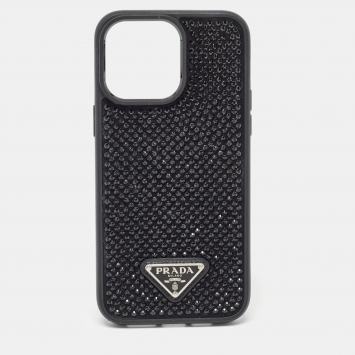 Pre Owned Prada Black Rubber Crystals Embellished iPhone 14 Pro Case