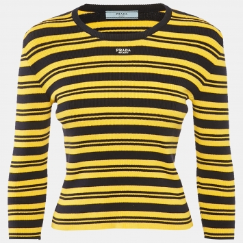 Prada Yellow/Navy Blue Strip Rib Knit Sweater S