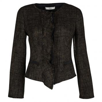 Pre Owned Prada Vintage Brown and Black Textured Fringed Edge Zip Front Jacket S