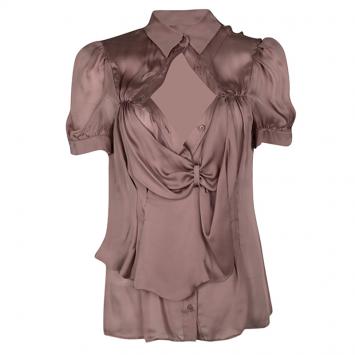 Pre Owned Prada Dull Pink Silk Draped Front Detail Short Sleeve Shirt L