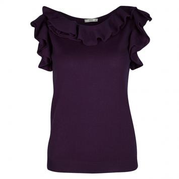 Pre Owned Prada Purple Wool Ruffle Detail Sleeveless Top M