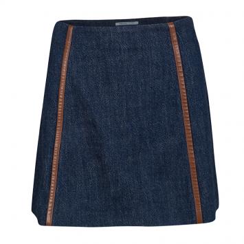 Pre Owned Prada Indigo Dark Wash Denim Leather Trim Detail Mini Skirt M