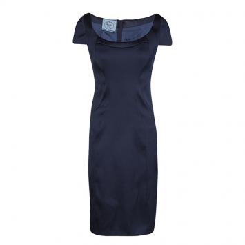 Pre Owned Prada Navy Blue Satin Cap Sleeve Fitted Sheath Dress L