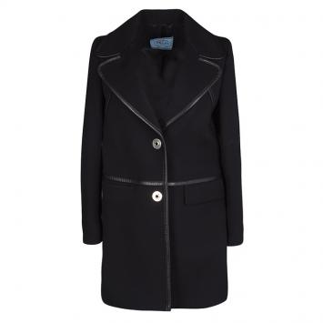 Pre Owned Prada Black Wool Leather Trim Coat S