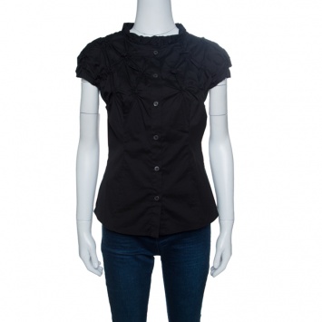 Pre Owned Prada Black Smocked Cotton Cap Sleeve Button Front Top S