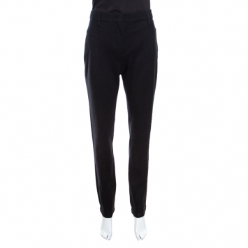 Pre Owned Prada Black Wool Leather Piping Detail Straight Trousers L