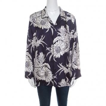 Pre Owned Prada Navy Blue Tropical Floral Printed Silk Button Front Pyjama Shirt XL