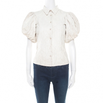 Pre Owned Prada Beige Coated Linen Puffed Sleeve Blouse S