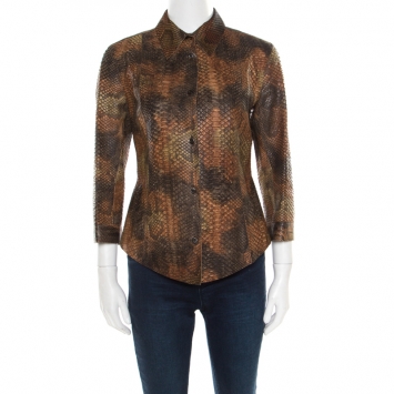 Pre Owned Prada Brown Python Leather Button Front Long Sleeve Shirt M