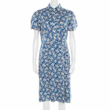 Pre Owned Prada Shaded Blue Floral Print Stretch Cotton Shirt Dress M