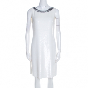 Pre Owned Prada Off White Sequined Silk Sleeveless Shift Dress S