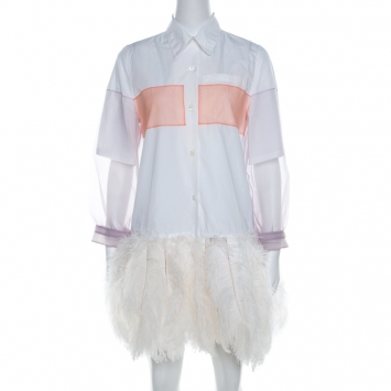Pre Owned Prada White Cotton Feather-Embellished Shirt Dress S