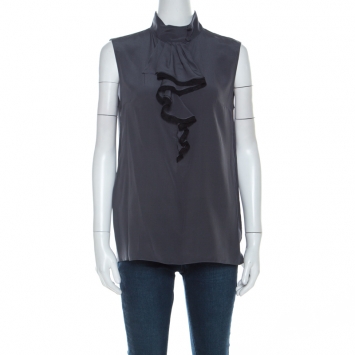 Pre Owned Prada Charcoal Grey Silk Crepe de Chine Ruffled Trim Sleeveless Top S