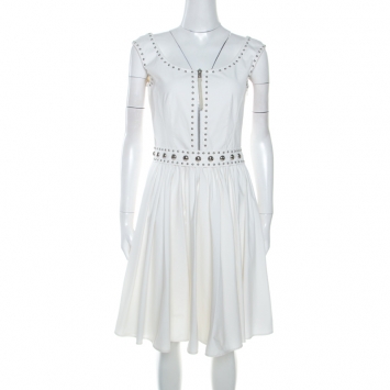 Pre Owned Prada Off White Crepe Stud Detail Sleeveless Dress M