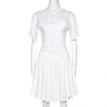 Pre Owned Prada Off White Stretch Cotton Pleated Shirt Dress S