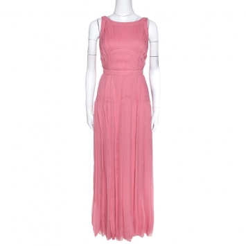 Pre Owned Prada Pink Silk Chiffon Pleated Sleeveless Maxi Dress S