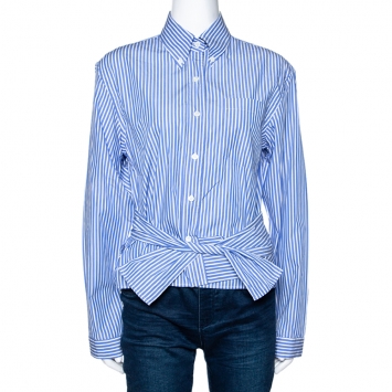 مملوكة مسبقًا Prada Blue Striped Cotton Wrap Front Tie Detail Shirt S