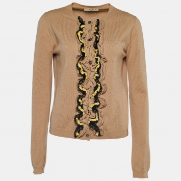 Pre Owned Prada Brown Cashmere Knit Ruffled Cardigan M