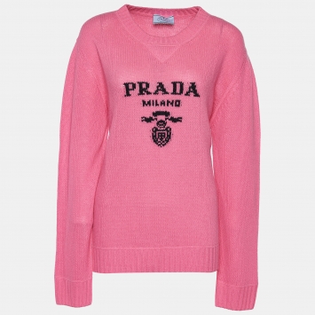 Pre Owned Prada Pink Log Intarsia Wool knit Sweater M