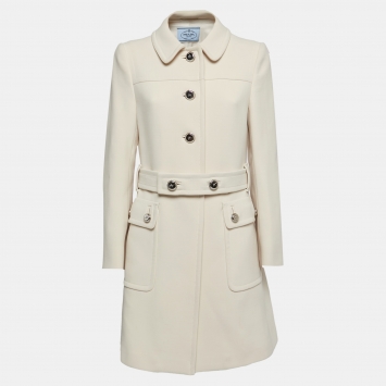 Pre Owned Prada Cream Wool Belted Mid Length Coat M