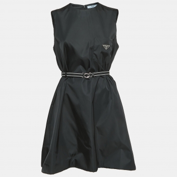 Pre Owned Prad Black Re-Nylon Sleeveless Belted Mini Dress M