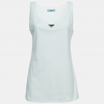 Pre Owned Prada White Cotton Knit Logo Applique Tank Top L