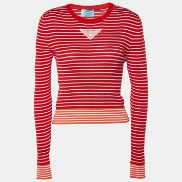 Pre Owned Prada Red/White Striped Knit Long Sleeve Top M