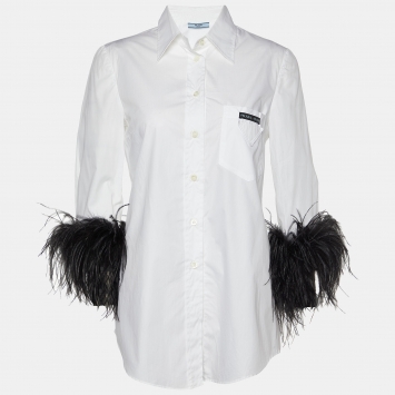 Pre Owned Prada White Cotton Feather Trimmed Button Front Shirt S