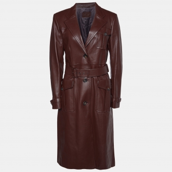Pre Owned Prada Brown Leather Belted Trench Coat M