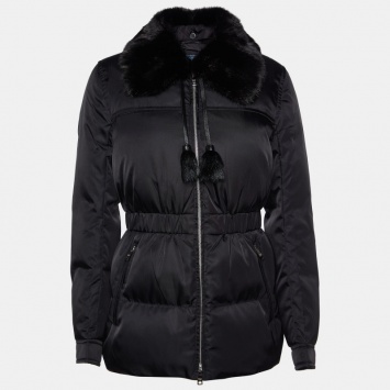 Pre Owned Prada Black Detachable Mink Fur Collar Synthetic Puffer Jacket M