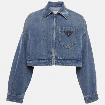 Pre Owned Prada Blue Logo Triangle Denim Cropped Jacket XS