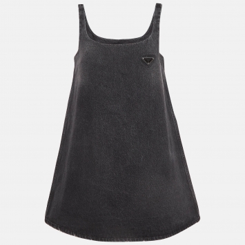 Pre Owned Prada Black Metal Triangle Logo Denim Mini Shift Dress S