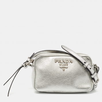 Pre Owned Prada Silver Leather Logo Camera Crossbody Bag