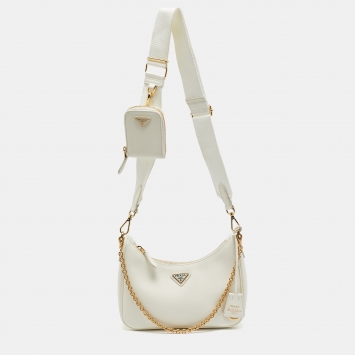Pre Owned Prada Cream Saffiano Leather Re-Edition 2005 Baguette Bag