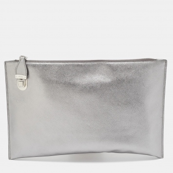 Prada Silver Saffiano Lux Leather Push Lock Clutch