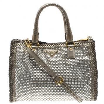 Pre Owned Prada Bronze/Silver Woven Leather Madras Tote