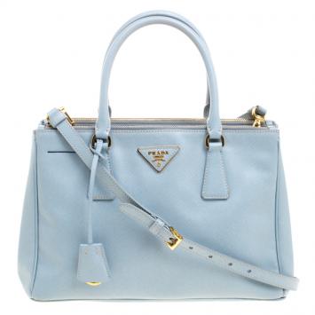 Pre Owned Prada Mint Blue Saffiano Lux Leather Small Double Zip Tote