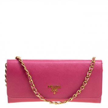 Pre Owned Prada Berry Red Saffiano Metal Leather Wallet on Chain