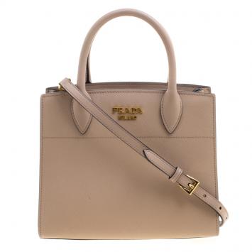 Pre Owned Prada Beige Leather Mini Bibliotheque Double Tote