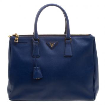Pre Owned Prada Navy Blue Saffiano Lux Leather Large Double Zip Tote