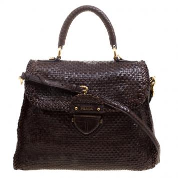 Pre Owned Prada Dark Brown Woven Goatskin Leather Madras Top Handle Bag