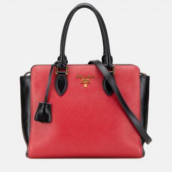 Prada Black Red Bicolor Soft Calf Trimmed Saffiano Satchel