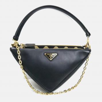Prada Triangle Bag Shoulder Black X Beige Leather Fabric