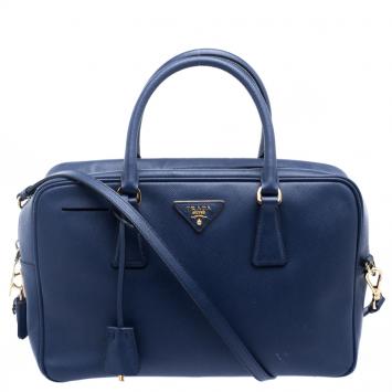 Pre Owned Prada Blue Saffiano Lux Leather Top Handle Bowling Bag