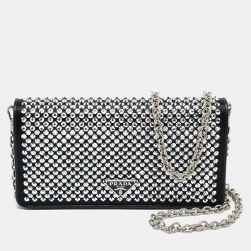 Pre Owned Prada Black Satin Crystal Embellished Wallet on Chain