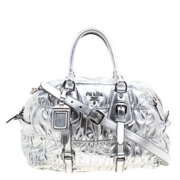 Pre Owned Prada Silver Nappa Leather Gaufre Bowling Bag