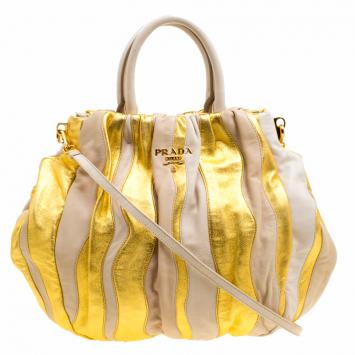 Pre Owned Prada Beige/Gold Stripe Leather Hobo