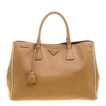 Pre Owned Prada Caramel Perforated Saffiano Lux Leather Large Gardener's Tote