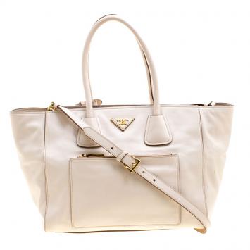 Pre Owned Prada Off White Vitello Leather Phenix Front Pocket Tote